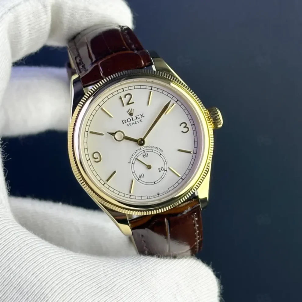 ساعة رولكس Perpetual 1908 مينا أبيض بحزام جلد بني