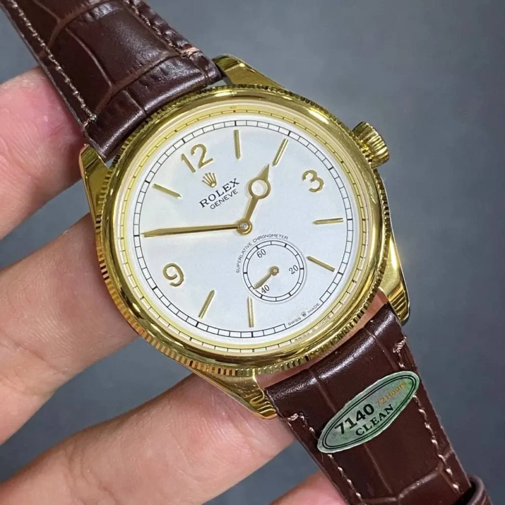 ساعة رولكس Perpetual 1908 مينا أبيض بحزام جلد بني