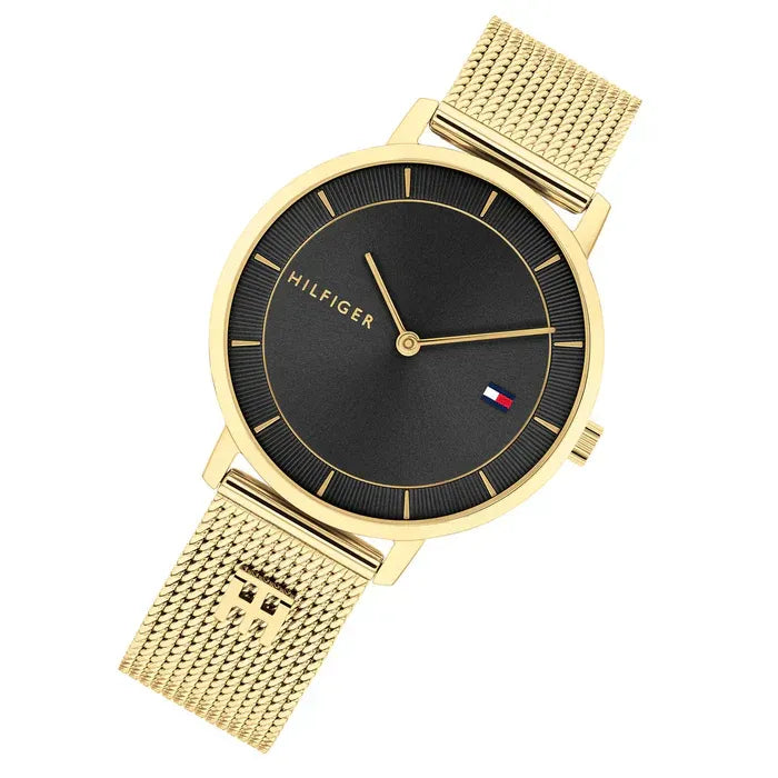 Tommy Hilfiger Women’s Gold Mesh Watch – Black Dial Elegant Slim Design | Model 1782739