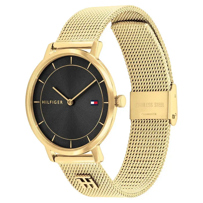 Tommy Hilfiger Women’s Gold Mesh Watch – Black Dial Elegant Slim Design | Model 1782739